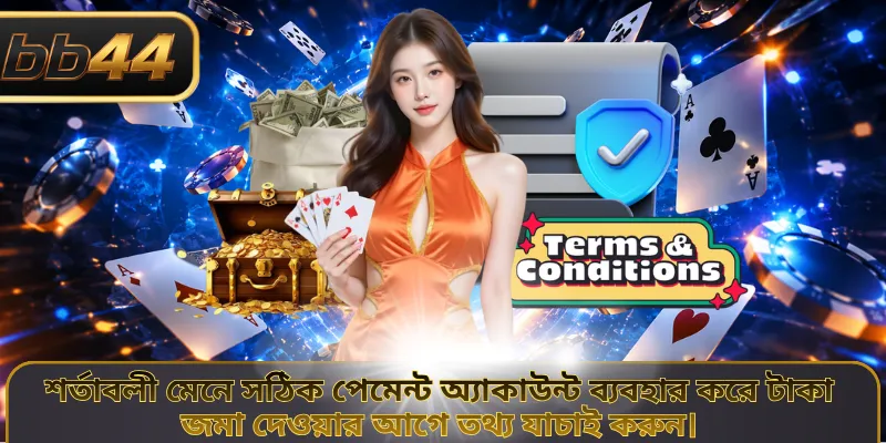 শর্তাবলী মেনে সঠিক পেমেন্ট অ্যাকাউন্ট ব্যবহার করে টাকা জমা দেওয়ার আগে তথ্য যাচাই করুন। 